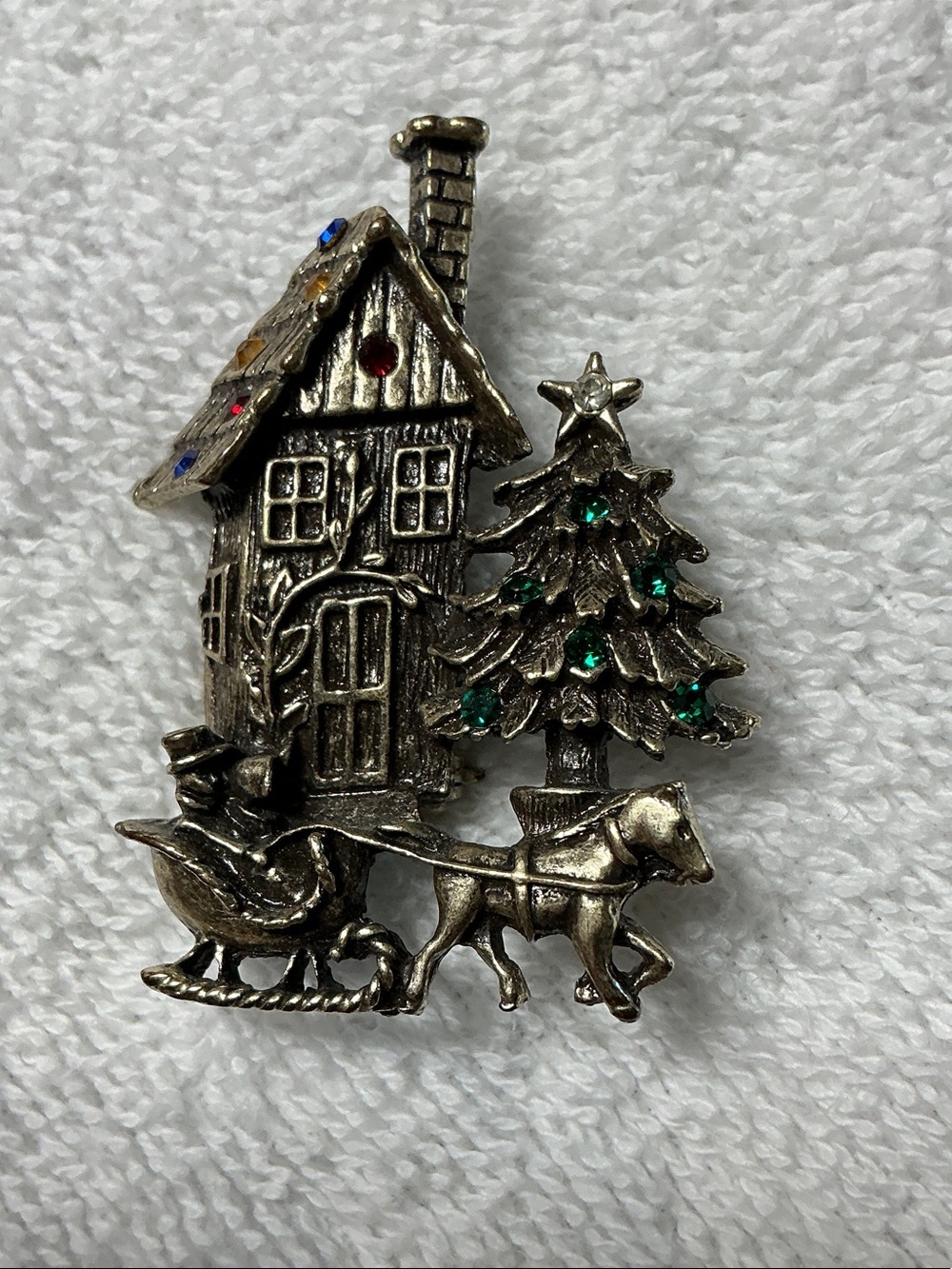Vintage Silver-Tone Christmas Brooch with multi crystals